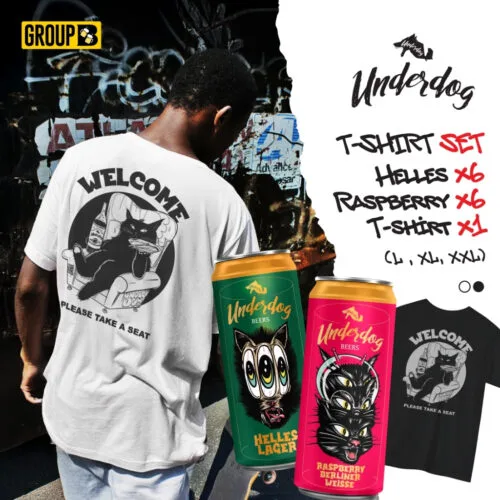 Underdog T Shirt Set ชุดสุดคุ้มจาก Underdog ประกอบไปด้วย เสื้อ 1 ตัว, Helles Lager 6 กระป๋อง และ Raspberry Berliner Weisse 6 กระป๋อง